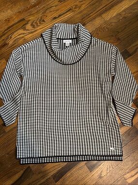 Calvin Klein Black & White Houndstooth Knit Top with Funnel Neck